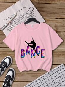 Camiseta básica de manga corta con estampado de personas y letras para niña casual - Rosa - Ver 2