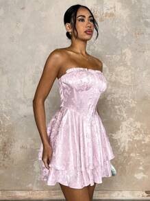Glamine Women's Pink Jacquard Fabric Bustier Double Ruffle Hem Charming Dress - Baby Pink - View 4