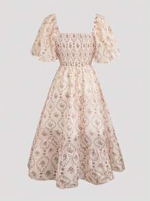 Flirla Plus Size Romantic Square Neck Waist Cinched A-Line Dress - Multicolor - View 2