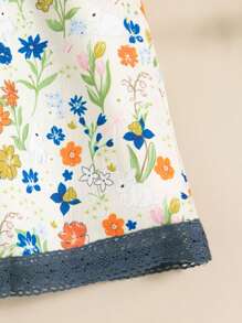 SHEIN 1pc Girls Retro Floral Bunny Print Dress, Pleated Ruffle Puff Sleeves, Peter Pan Collar With Elastic Waist, Fashionable Vintage Style