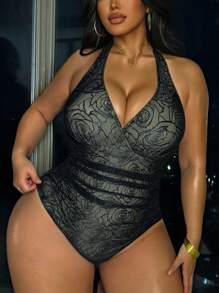 SHEIN Swim Curve Costume da bagno elegante e casual da donna, taglie forti, con arricciature e incrocio sulla parte anteriore, in pizzo