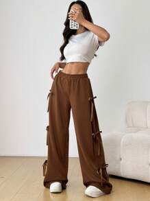SHEIN EZwear 甜美可爱的粉色蝴蝶结抽绳运动裤，春夏 - 鏽棕色 - 查看 6
