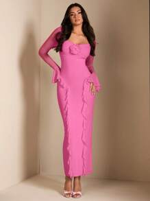 SHEIN BAE Elegant Women's Dress With 3D Floral Decor, Ruffled Hem, Sweet Pink Color, Suitable For Spring, Summer, Everyday, Dating, Outing, Party - Pink - View 4