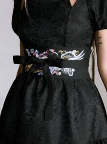 ROMWE Anime 1pc Black Japanese Style Obi Belt, Embroidered Floral & Crane Design Vintage Waist Belt For Dresses