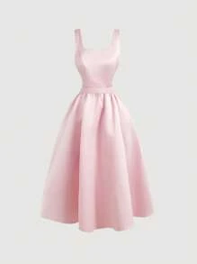 SHEIN MOD 优雅露背蝴蝶结点缀黑色连衣裙，礼服，女士沙滩裙，女士派对裙，除夕裙，女士圣诞裙，节日裙，感恩节裙，礼服，节日裙 - 粉色 - 查看 1