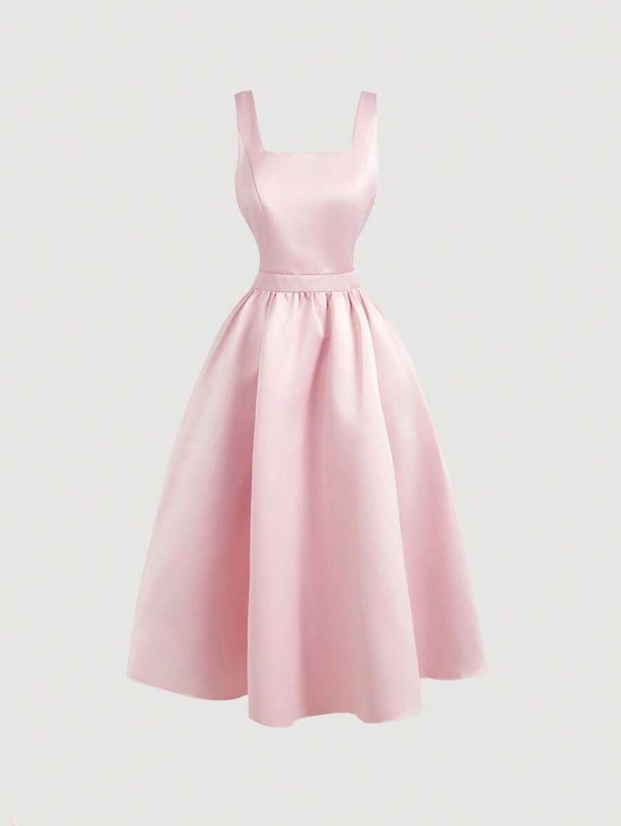 SHEIN MOD 优雅露背蝴蝶结点缀黑色连衣裙，礼服，女士沙滩裙，女士派对裙，除夕裙，女士圣诞裙，节日裙，感恩节裙，礼服，节日裙 - 粉色 - 查看 1