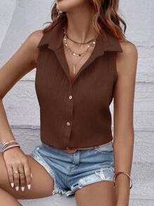 SHEIN Plain Collar Open Front Sleeveless Textured Loose Shirt - Coffee Brown - View 3