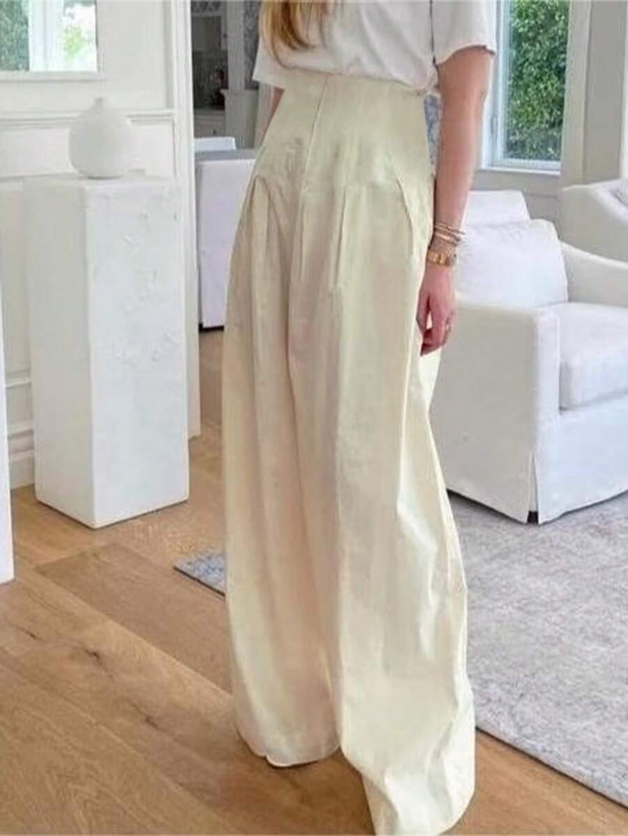 Chiquease Women's Casual Wide Leg Solid Color High Waist Pants Fall Cloth For Women - Apricot - View 1