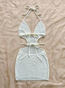 Soleia 全新设计镂空系带露背白色优雅假日迷你吊带裙 - 白色 - 查看 2