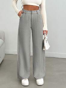 EURMUSE Women Solid Color High Waist Wide Leg Pants - Light Grey - View 4