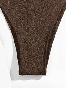 SHEIN Swim 闪亮比基尼泳装套装，适合海滩度假 - 棕色 - 查看 4