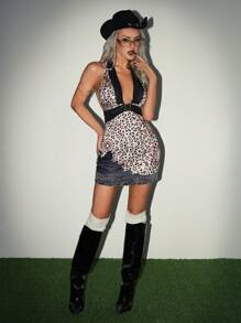 EgrlEra Women's Music Festival Party Leopard Print Animal Pattern Metallic Patchwork Sheer V-Neck Sleeveless Top - Brown - View 4