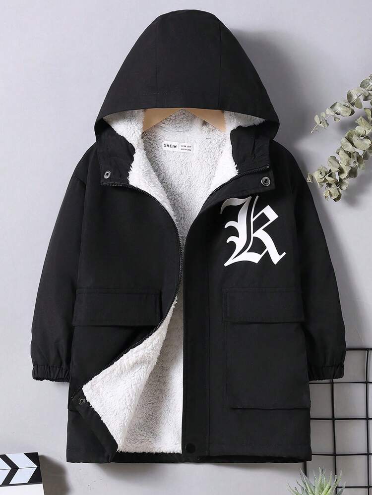 Young Boy Casual Streetwear Style Warm And Comfortable Hooded Jacket With Furry Lining, Letter Print And Cover Pockets, Perfect For Fall And Winter