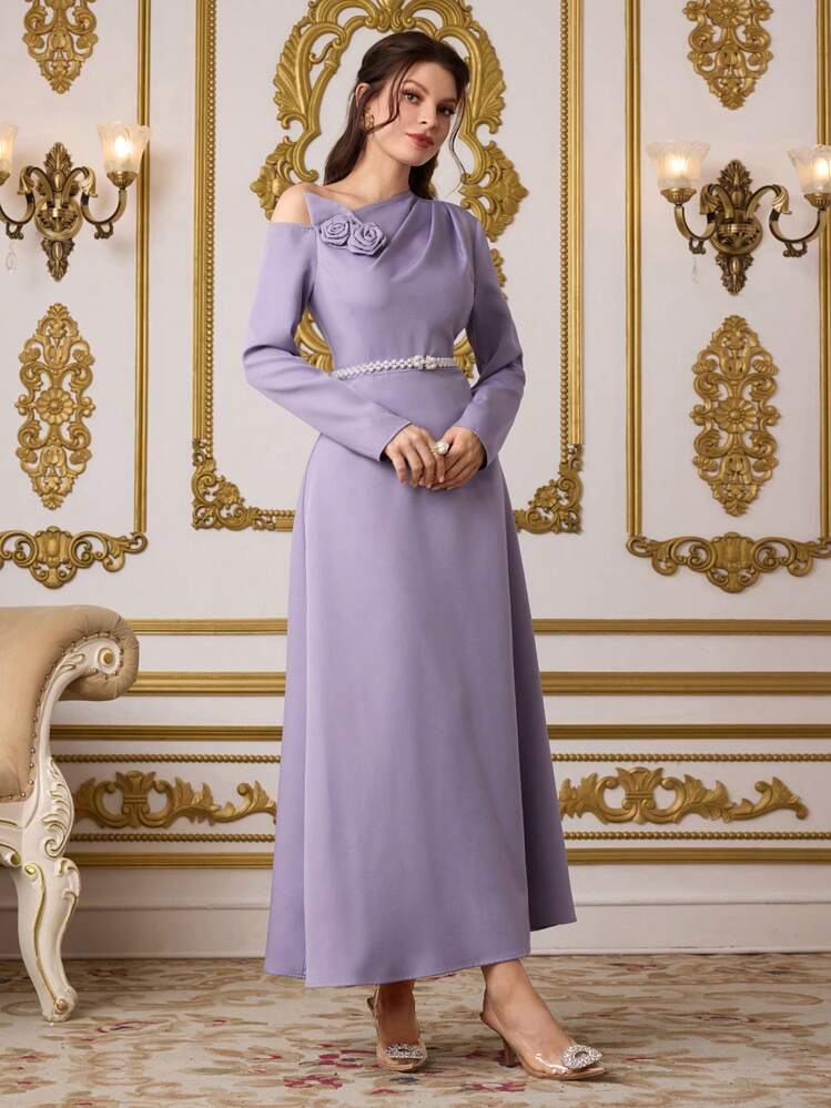 Modelyn Women's Elegant Solid Color Asymmetric Neck Floral Decor Long Dress - Purple - View 4