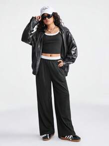 SHEIN 2pcs/Set Teen Girls Summer Casual Sporty Contrast Color Cropped Camisole And Wide Leg Pants - Black and White - View 7