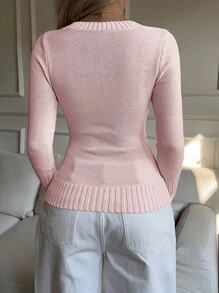 CovetEZ 女士休闲简约刺绣细节修身毛衣，秋冬季上学上衣 - 粉色 - 查看 2