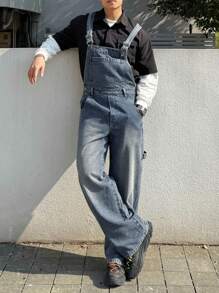 DAZY Men's Solid Blue Denim Bib Overall Pants, Autumn - Blue - View 4