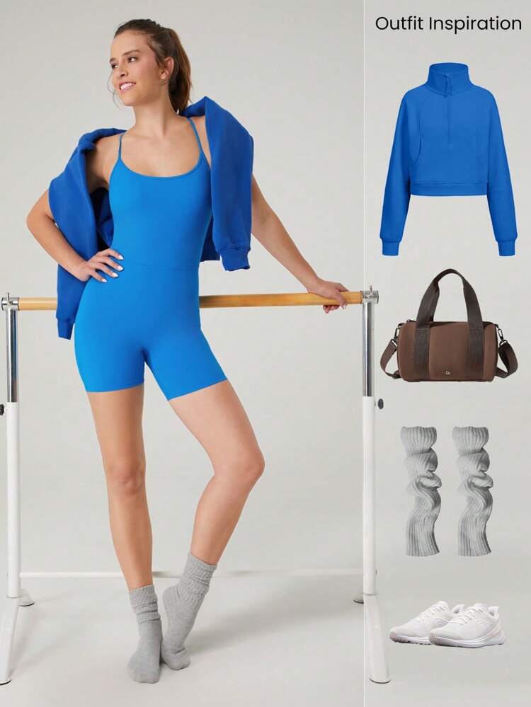 6" FeatherFit™-Air Break A Sweat Insta-Cinch Tummy Control Butt Scrunch Cutout Back Romper Bodysuit Jumpsuit Low Impact Yoga Pilates Daily Removable Cups Spring Summer