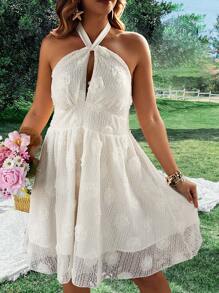 Flirla Vestido plus size feminino boho floral remendado com decote halter, para o verão - Damasco - Ver 1