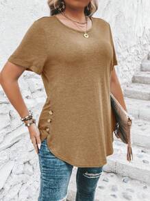 SHEIN Clasi Plus Size Casual Solid Color Short Sleeve Curved Hem T-Shirt - Camel - View 5