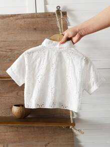 SHEIN Young Girl Vacation Beach Casual Versatile Embroidery Hollow White Loose Short Sleeve Blouse,Holiday,Summer,Travel - White - View 2