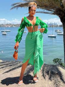 SHEIN SXY 2pcs Set: Green Floral Print Long Sleeve Shirt And Twist Knot Skirt, Casual Spring/Summer Resort Outfits For Women - Green - View 3