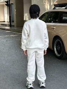 Tween 男童字母印花纽扣前卫衣和运动裤套装，休闲宽松，适合日常穿着，秋冬季 - 白色 - 查看 9