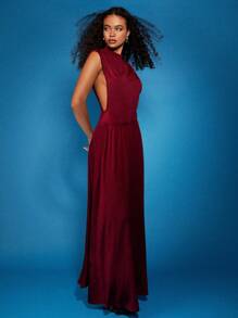 COSMINA Women's Sleeveless Pleated Dress, Elegant Stand Collar Fashion - Burgundy - View 3