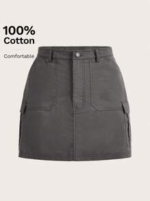 SHEIN EZwear Valentine's Day Peach Woven Fabric Women'S Mini Cargo Skirt - Dark Grey - View 4