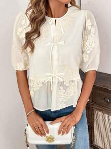 SHEIN Clasi 女士春夏刺绣娃娃领短袖上衣 - 米色 - 查看 4