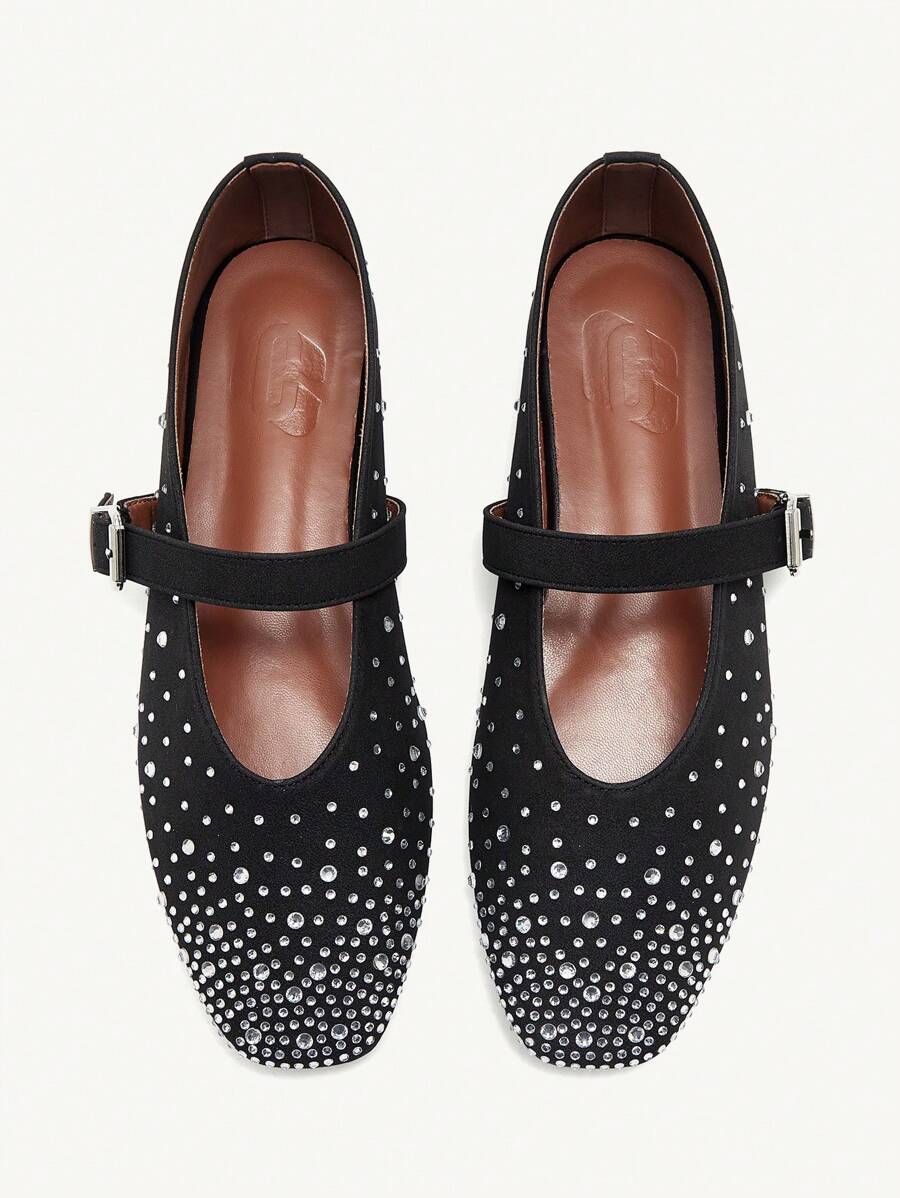 CUCCOO CHICEST Women Square Toe Flat Rhinestone Slip-On Brown Loafers, Minimalist Design For Comfortable All-Match Wear For Christmas Elegant Shoes - Black - View 1