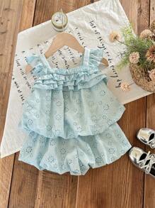 SHEIN LMoss Kids Babygirl schattige zomer vakantie bloemen borduurwerk ruche rand camisole en shorts set