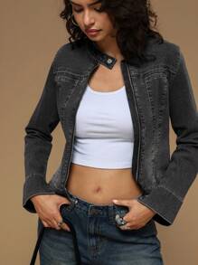 Forever 21 Women's Distressed Denim Jacket With Zipper And Waist Drawcord - Black - View 6