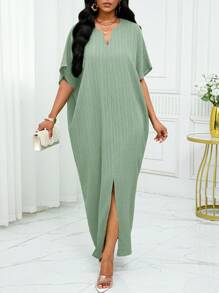 SHEIN Lady 女士纯色 V 领蝙蝠袖开衩下摆休闲连衣裙 - 薄荷綠 - 查看 5