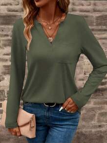 EMERY ROSE Women's Solid Color V-Neck Long Sleeve Pocket Casual T-Shirt Fall Cloth For Women - Green - View 4