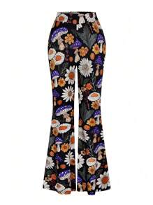 SHEIN LUNE Plus Size Women Plant Floral Print Figure-Hugging Flared Pants