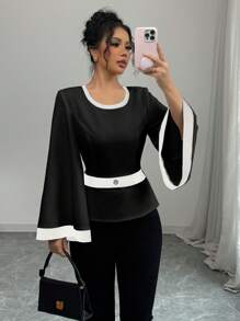 Elenzga Women's Elegant Commuting Color Block Flared Cuff Blouse