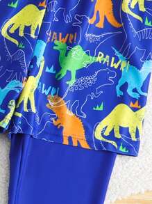 SHEIN Young Boys Swimwear,Boys' Two Pieces Swimsuit For Beach Vacation, Cute Long-Sleeved And Long-Pants Swimsuit With Cartoon Dinosaur Prints For Boys, Suitable For Swimming On Vacation In Spring And Summer