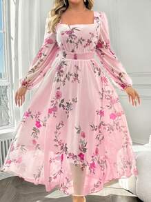 SHEIN Clasi 大码优雅玫瑰印花雪纺腰褶灯笼袖连衣裙，适合春秋季节、情人节