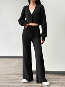 SHEIN Leap Crew Teen Girls Khaki V-Neck Cardigan & Pants Knit Casual Sweater Set