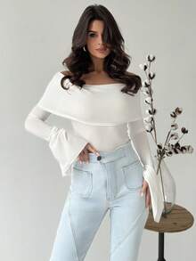 Firerie Áo len dệt kim hở vai bất đối xứng màu đen cho nữ - trắng - Xem 5