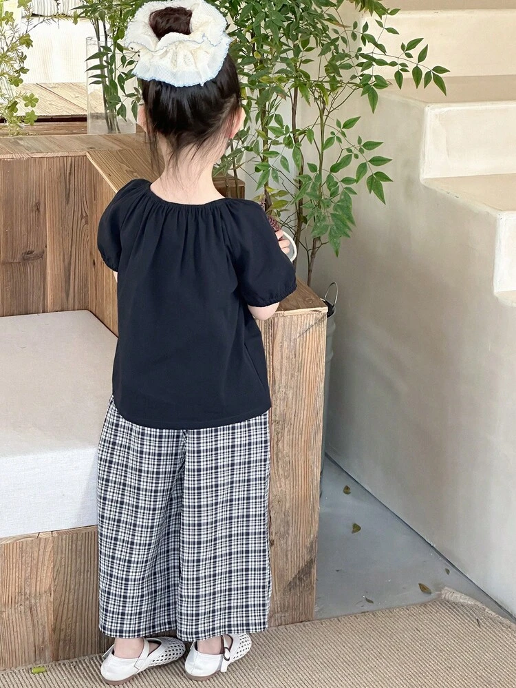 2pcs/Set Young Girl Girls Spring/Summer Woven Round Neck Short Sleeve Shirt + Plaid Pants, Small Size