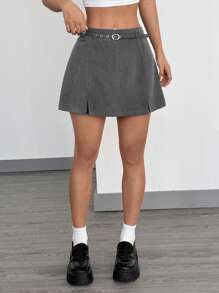 SHEIN EZwear 女士灰色编织短款修身休闲迷你裙 - 灰色 - 查看 6