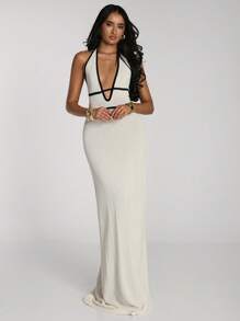 SHEIN BAE Women's Sexy Contrast Color Trim Backless Halter Long Knitted Dress Dresses For Women Summer Outfits For Women Vacation Outfits Woman White Dress Summer Dresses For Women Summer Dress Beach Outfits For Woman Western Wear Women Beach Vacation Bathing Suit Cover Up - Black and White - View 4