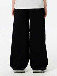 SHEIN Explorewe Tween 男童黑色口袋宽腿宽松洗水牛仔裤，适合日常穿着、派对、滑板、音乐节