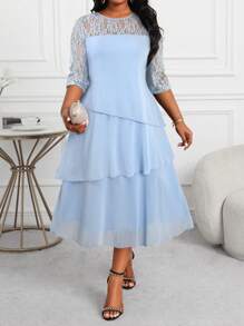 SHEIN Lady 大码女装商务专业蓝色镂空袖蕾丝拼接荷叶边分层中长连衣裙教师服教师连衣裙秋季连衣裙蕾丝连衣裙四季
