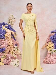 SHEIN Belle Elegant And Romantic Light Yellow Woven Material, Sloping Shoulders, Asymmetrical Sleeves, Floating Panels, Pleated Micro Fishtail Hem, Suitable For Dates, Vacations, Weddings, Events, Back-To-School Season, Graduation Season, Formal Bridesmaid Dress - Yellow - View 4