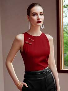 MOTF PREMIUM FAUX PEARL BUTTON JACQUARD TANK TOP - Red - View 4