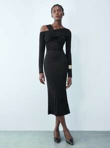 Maija Vestido entallado de Body con cuello asimétrico, mangas largas y tirantes retorcidos para mujer, vestido midi elegante y versátil para fiestas urbanas, propio para celebraciones de principios de primavera