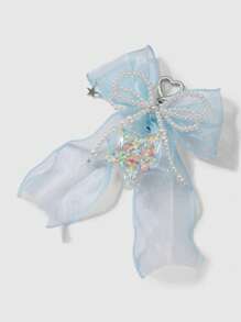 ROMWE Kawaii 1 件优雅简约手工珍珠、粉色/蓝色薄纱蝴蝶结、透明亮片心形星星钥匙扣饰品组合套装，时尚甜美包袋装饰，百搭女士礼物